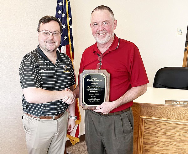 Former City Councilman David Damron was recently recognized for his service to the City of Sheridan by Mayor Cain Nattin. Damron resigned last month after moving outside of the city limits, and will be replaced on the council by local teacher and citizen Morgan Wilson.