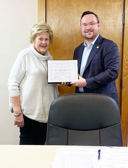 BETTY COOK, Sheridan City Council member, was recently recognized for her dedication to continued training and education as a council member.