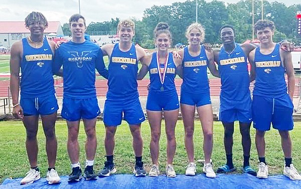 Sheridan athletes competing at the annual Arkansas Meet of Champions were (from left) Izaiah Owens, Aaron Webb, Nathan Uptagrafft, Sophia Allen, Skylar Sterritt, Ahmad Anderson and Ethan Anderson. Sheridan's 4x100-meter relay team won their event for the first time in school history. Photo Courtesy of Sheridan Schools Communications