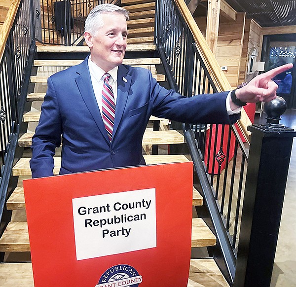 Congressman Bruce Westerman addressed the Grant County Republican Party at the organization’s annual dinner last week. This year’s event was held at Oak Tree Farms. The event featured many local and state level Republican officials. Much of the discussion centered around the success of Republican candidates in Grant County in recent years, a strong shift from the historically blue roots of the county. Photo By Jacob Palmer