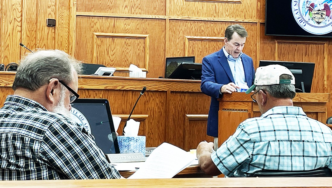 Gordon M. Willbourn, with Kutak Rock LLP, of Little Rock reads Ordinance 2023-10 on the solar project to Grant County Justices of the Peace on Aug. 21. Justices of the peace voted to table Ordinance 2023-10, also known as the Redfield PVI, LLC solar project. It will be read again next month. Photo By Gretchen Ritchey