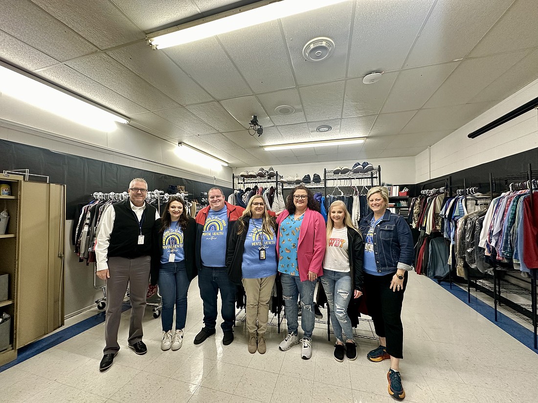 The SHS Clothing Boutique, a program overseen by the Sheridan High School Counseling Center, has received a big upgrade with the help of grant funds and partnerships with local businesses and generous donations. The boutique is a project designed to aid students in need. Pictured are Dr. Blaine Alexander, counselor-Abbey Lusinger, counselor-Nick Steele, counselor-Vicki Strong, community member and owner of Rylees Resale-Amanda Black and Maddie Rice, and registrar Amanda Coleman.