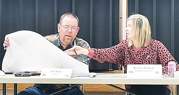 City of Tull Mayor Jeff Nalley (left) and Recorder/Treasurer Brandi McDade (right) discuss the survey of Aaron Morehart’s mobile home park presented to the council at last Monday’s meeting.