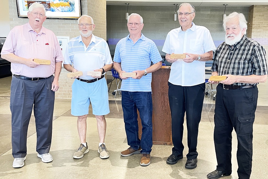 Last Wednesday six Grant County residents were honored as Grant County Legacies at the Chamber of Commerce Breakfast. Pictured (left to right) are legacies, Sparky Hedden, Don Brown, Ken Bragg, Jim Lancaster and Joe Wise Jr. Not pictured is Shelby Taylor. Photo by Gretchen Ritchey