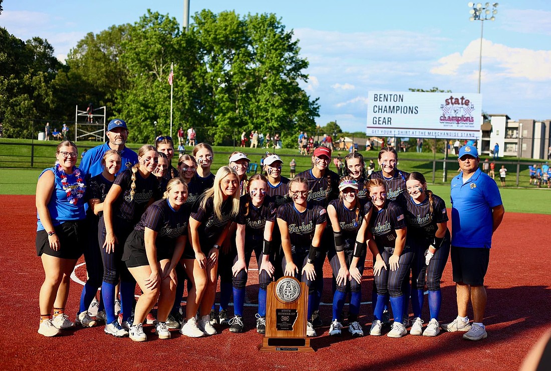 The Sheridan Lady Jackets pose with their runner-up trophy after falling to Benton in the state championship game. (Photo: Sheridan School District)