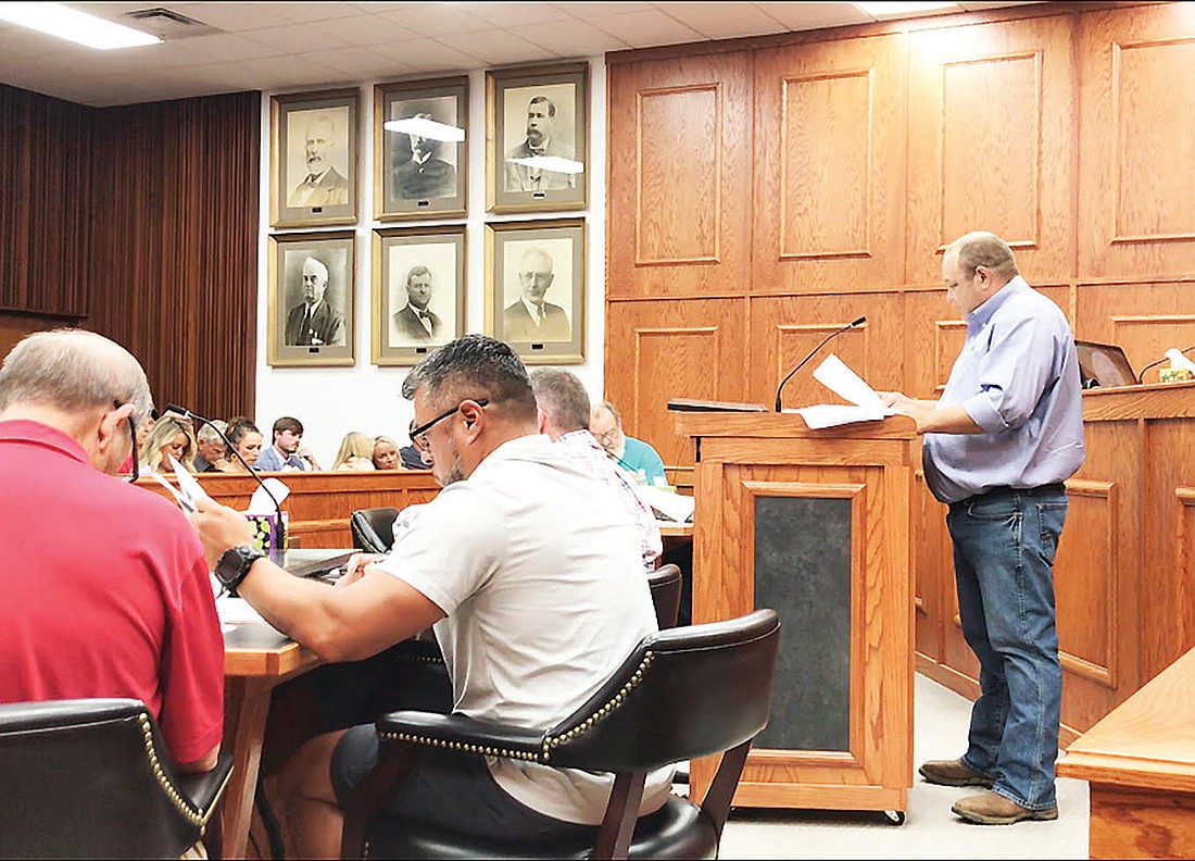 Brody Channell speaks to the Grant County Quorum Court last Monday regarding a proposed data center and solar farm. Later in the week, he filed an injunction in an effort to stop the projects. (Photo: Gretchen Ritchey)