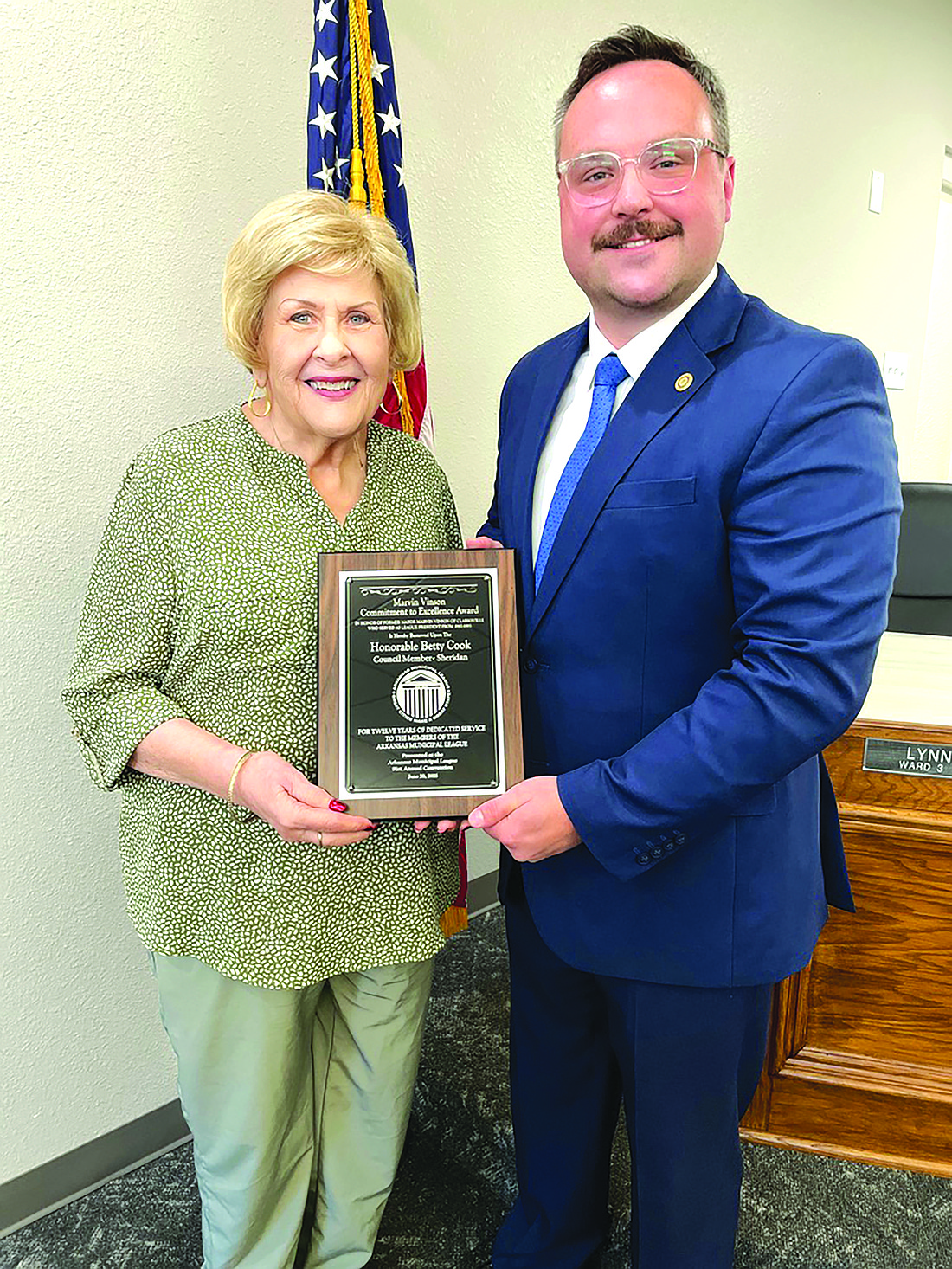 Councilmember Betty Cook was recently honored with the Marvin Vinson Commitment to Excellence Award for her 12 years of service to the Arkansas Municipal League. The award was presented during the 91st Annual Convention of the Arkansas Municipal League in June. She is pictured with Sheridan Mayor Cain Nattin. (Photo: Special to The Headlight)