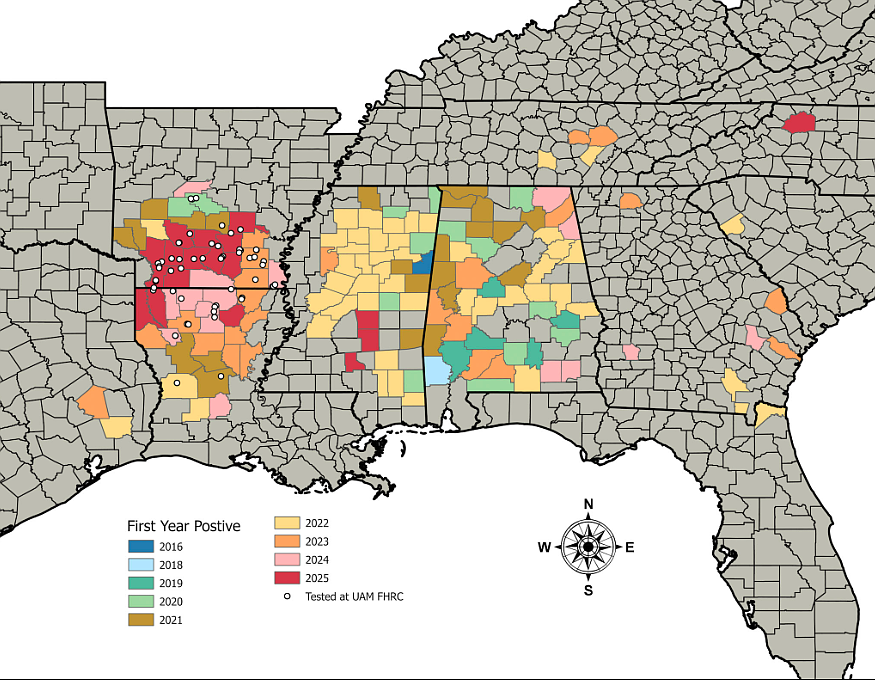 Map showing where brown spot needle blight has been detected over the last 10 years. (USDA map by Dalton Weatherly)