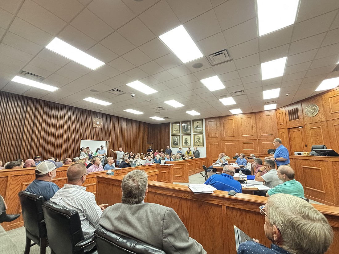 Sheridan High School Football Coach Kevin Kelly speaks out about possible benefits to the school district during the Grant County Quorum Court meeting discussion on a proposed data center and solar facility on Monday evening (Oct. 20). (Photo: Gretchen Ritchey)