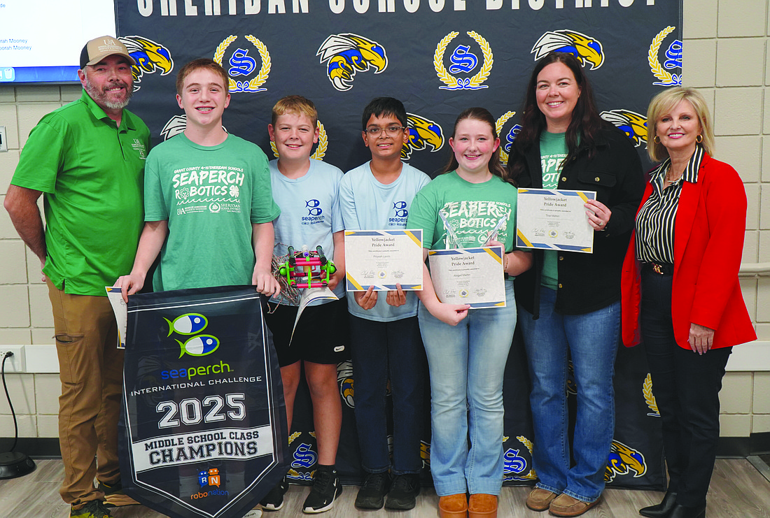 Hydro Rappers: First place overall, junior stock division. Team members (from left): Cooper Henderson, Jackson Knight, Priyesh Laxmi, and Abigail Martin pictured with sponsors, Grant County Extension Agent Brad McGinley, team sponsor (far left), Tina Melton, Sheridan Middle School (second from right), and Deborah Mooney, Sheridan Middle School principal (right). Sponsor Serena McGinley, Sheridan Intermediate School (not pictured). (Photo: Submitted)