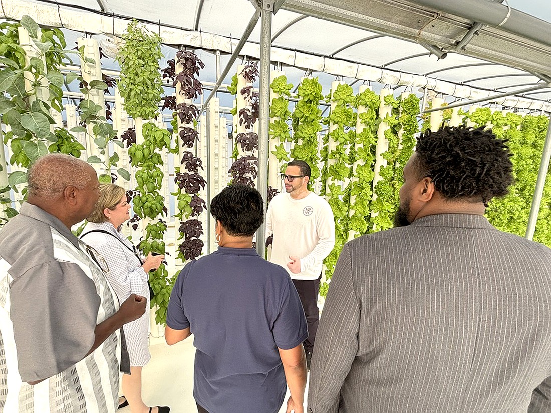 Luigi Campos, vice president of 180 Pipe, explains the vertical garden system to guests at the 180 Pipe greenhouses in Sheridan. (Photo: Gretchen Ritchey)