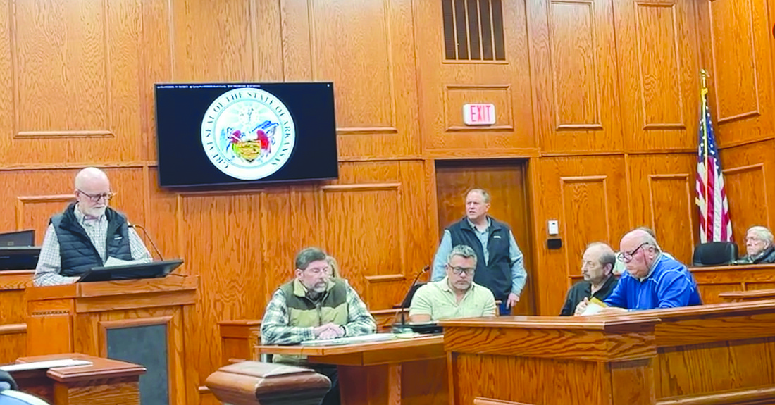 Steve Gartman, left, speaks to the Grant County Quorum Court about his concerns for the proposed data center and solar farm at the February Quorum Court meeting. (Photo: Gretchen Ritchey)