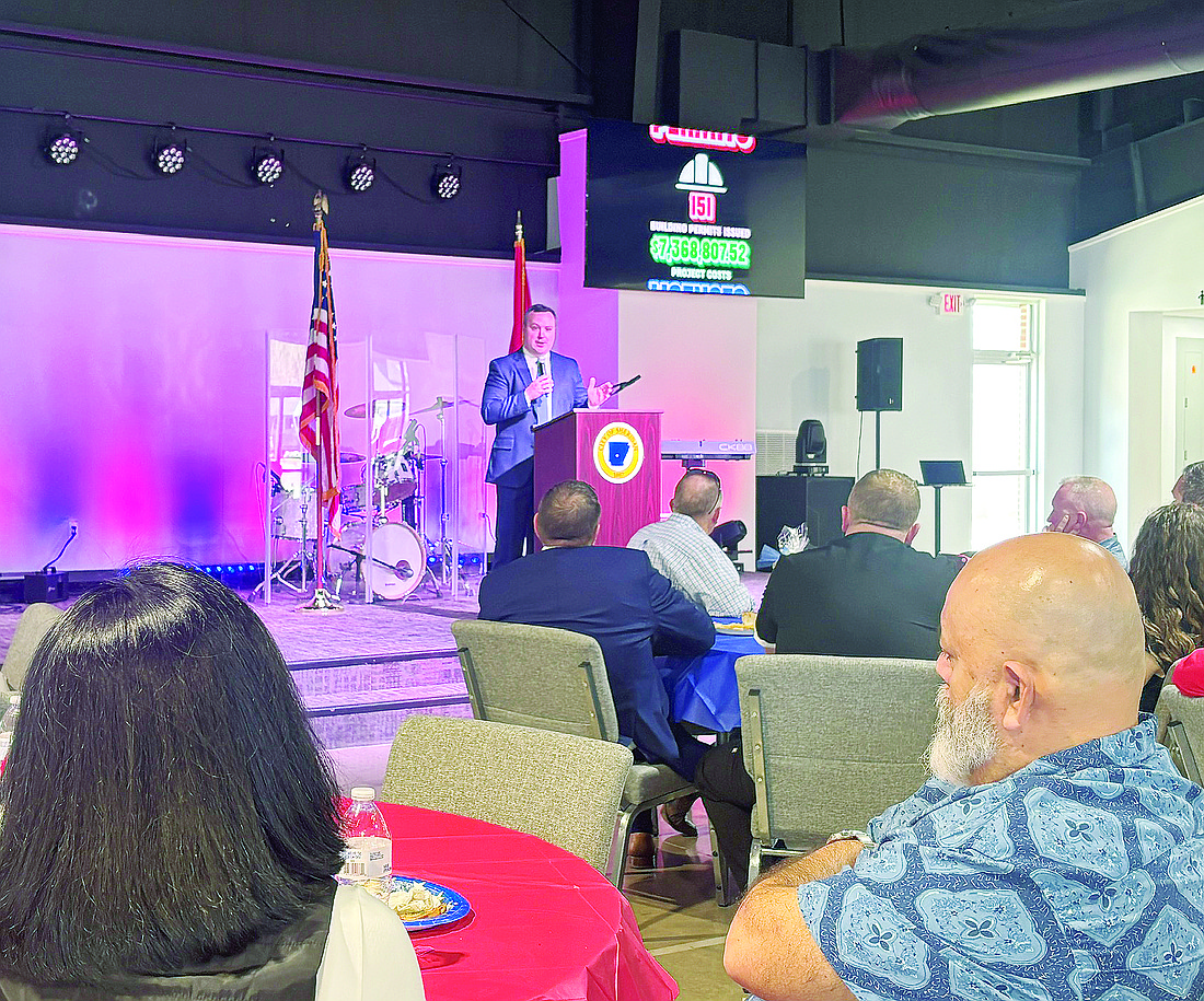 Sheridan Mayor Cain Nattin speaking to business and community leaders at the annual Mayor Business Luncheon on Thursday, February 19 at First Landmark Baptist Church in Sheridan.