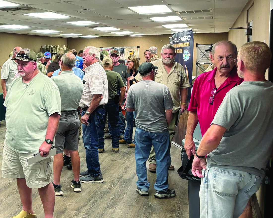 Hunters filled the Sheridan Parks & Recreation Center meeting room Tuesday, Sept. 8, to learn more about new Arkansas Game and Fish Commission hunting regulations affecting Grant County following the detection of chronic wasting disease. (Photo by Gretchen Ritchey)